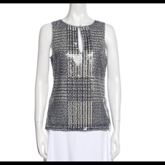 Tory Burch Bristol Plaid Sequins Keyhole Sleeveless Top - Picture 2 of 5